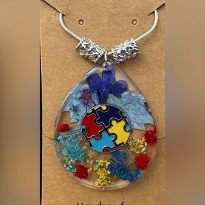 Autism Awareness Resin Teardrop Pendant With Dried Flowers & Autism Circ…